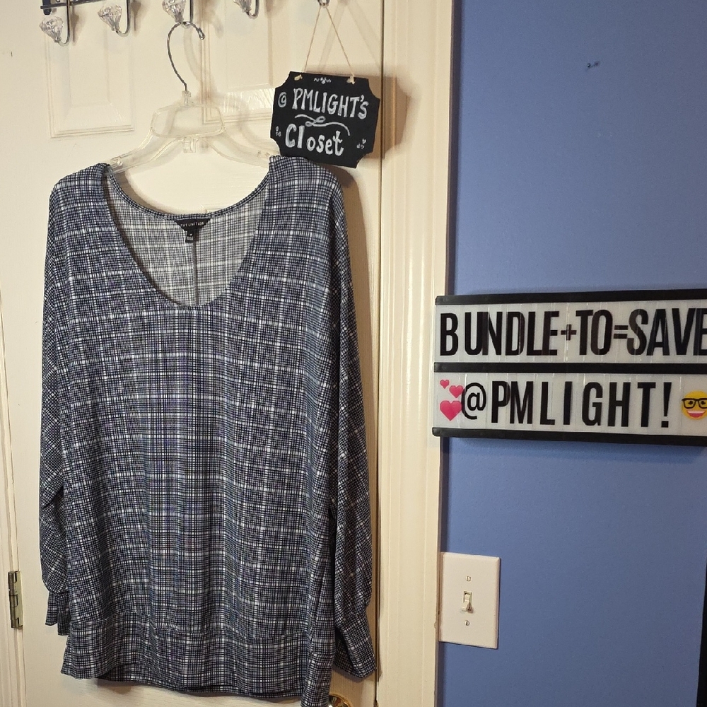 The Limited Plaid Blouse 1X Blue Gray White